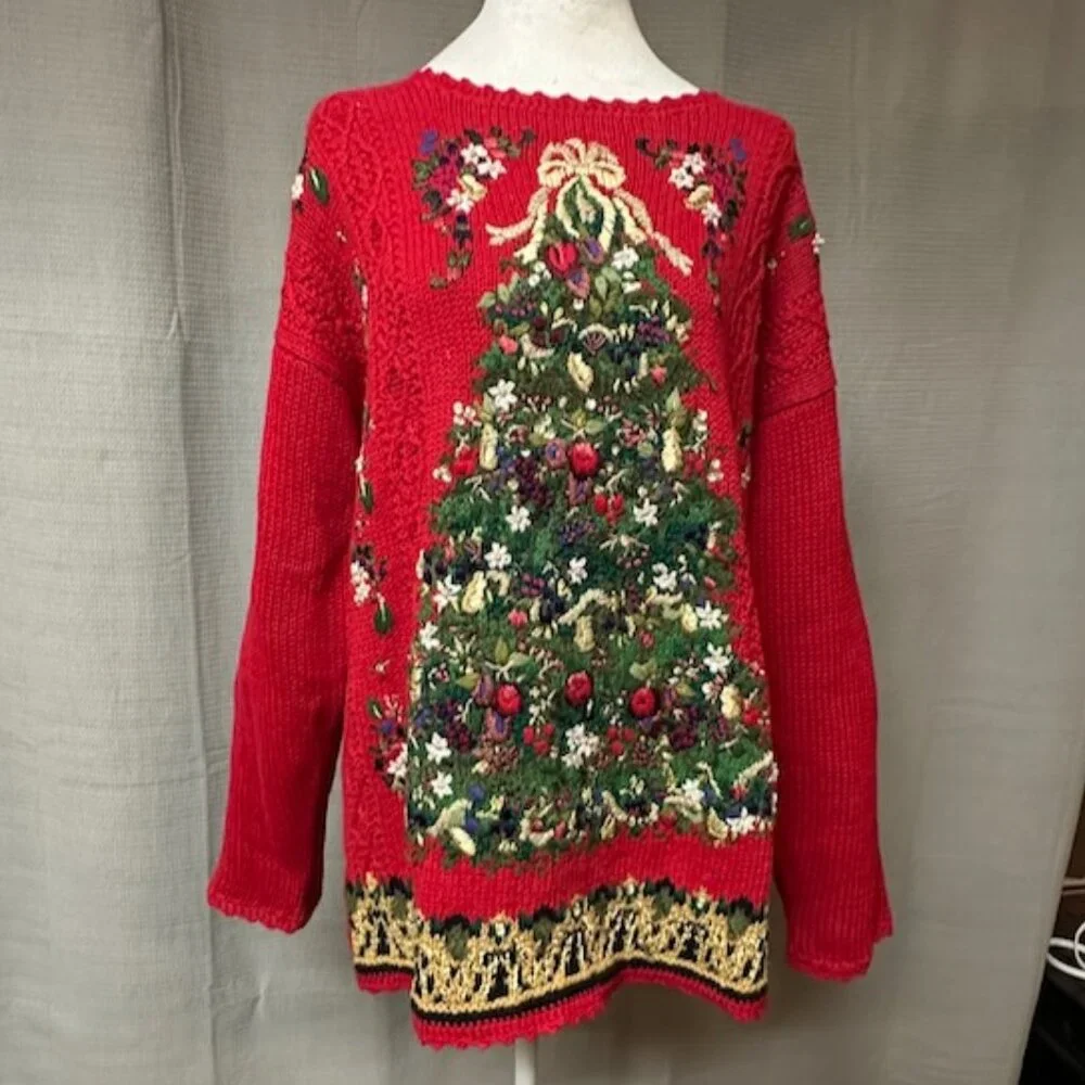 Red Christmas Tree Sweater Tunic, Embroidered, Tiara International Size L - Picture 1 of 13